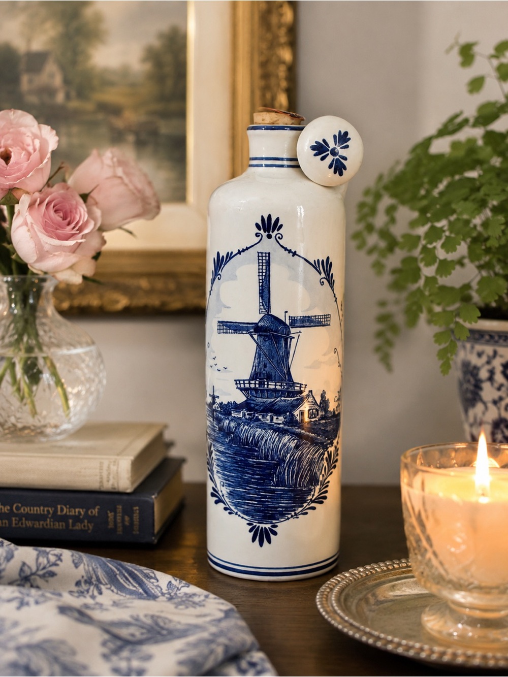 Vintage 1979 Bols Delft Blue Holland Windmill Genever Bottle w Stopper Decanter